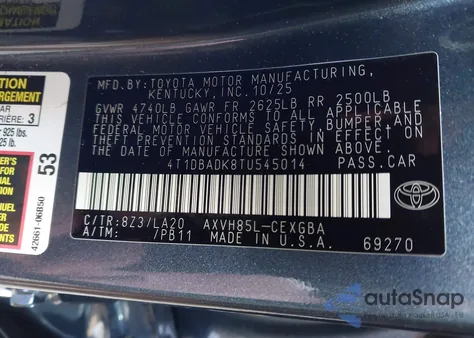 2026 Toyota Camry Xle из США, поврежденный, VIN 4T1DBADK8TU545014